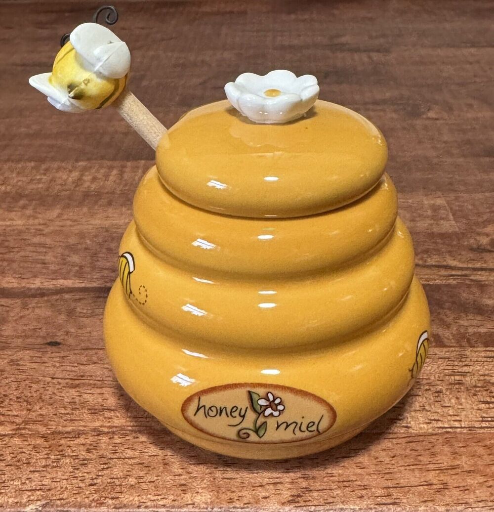 HONEY MIEL CERAMIC HONEY POT JAR WITH LID AND WOODEN HONEY STICK